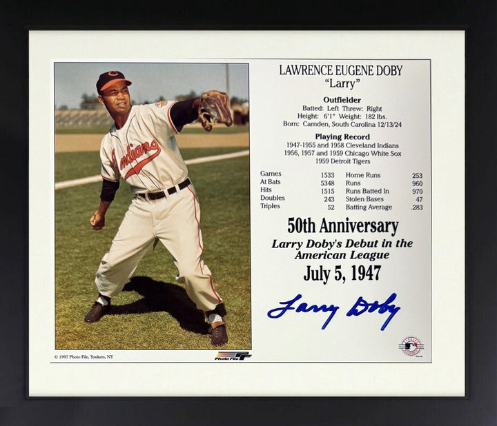 Larry Doby signed Cleveland MLB 50th Anniversary 8x10 Photo/Card Framed- COA/HOF