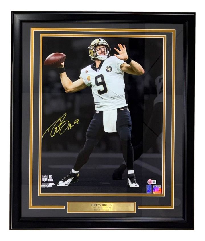 Drew Brees Signed Framed 16x20 New Orleans Saints Spotlight Wht Jersey Photo BAS