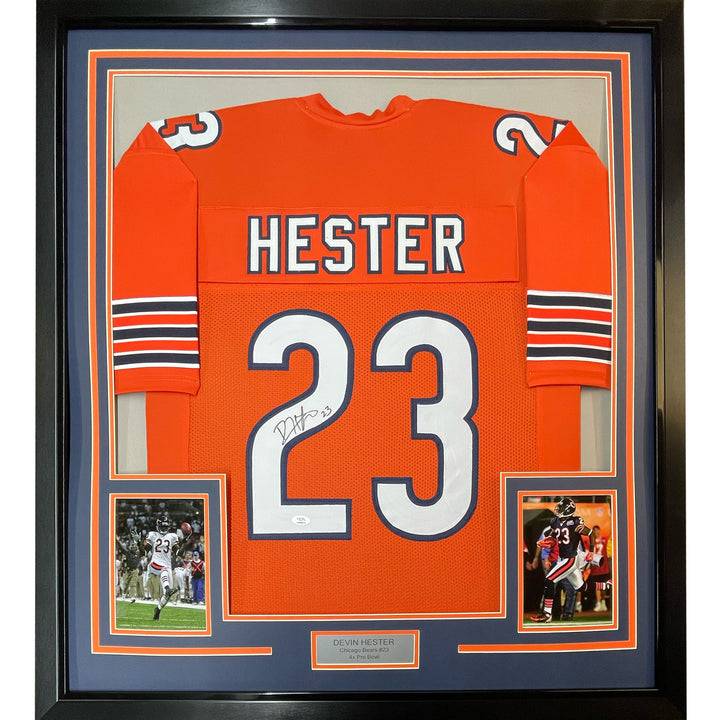 Framed Autographed/Signed Devin Hester 33x42 Chicago Orange Jersey JSA COA