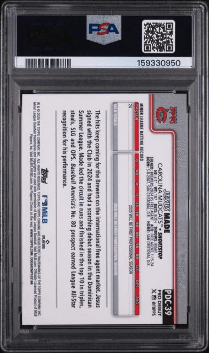 Graded 2025 Topps Pro Debut Jesus Made #39 Chrome RC Baseball Card PSA 10