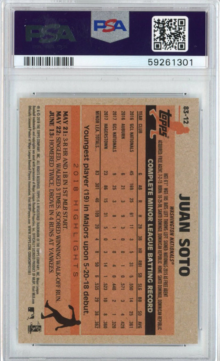Graded 2018 Topps Update Juan Soto #83-12 1983 Rookie RC Baseball Card PSA 10