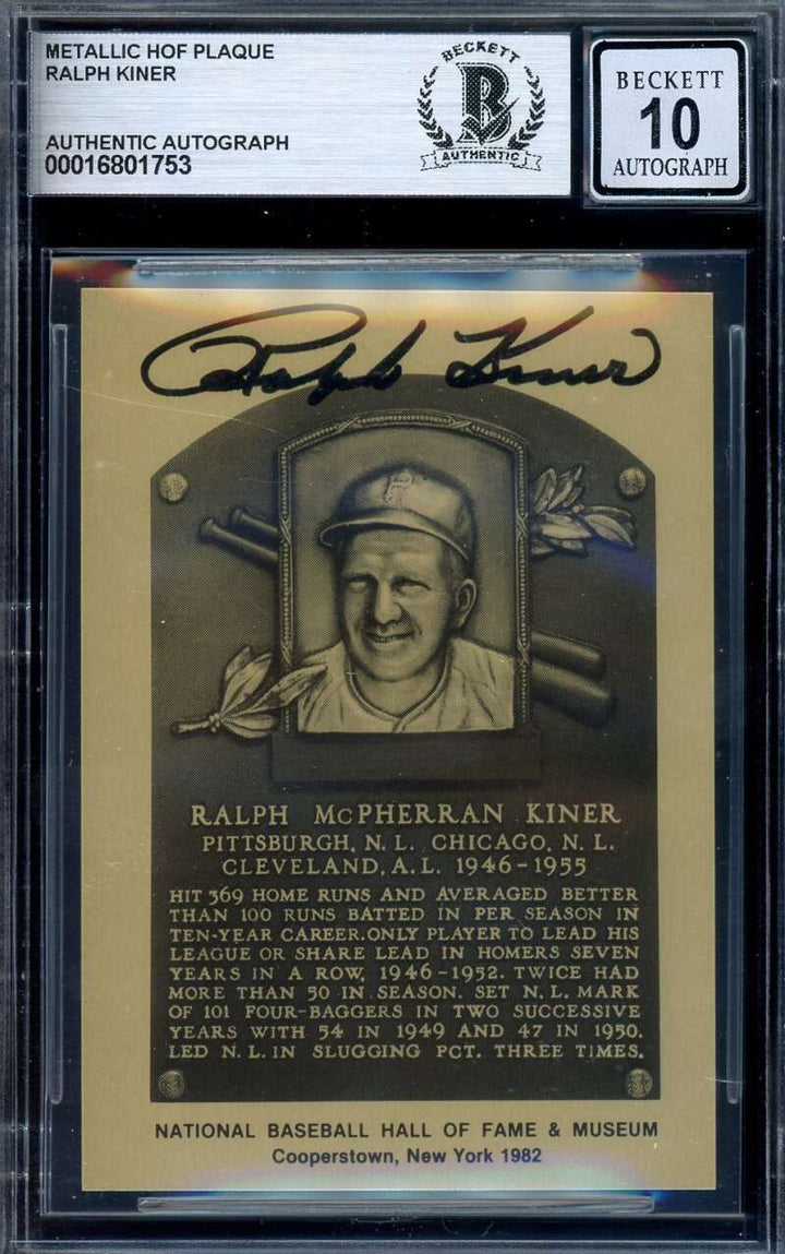 Ralph Kiner Gem Mint 10 Beckett BAS Signed Gold Metallic HoF Plaque Autograph