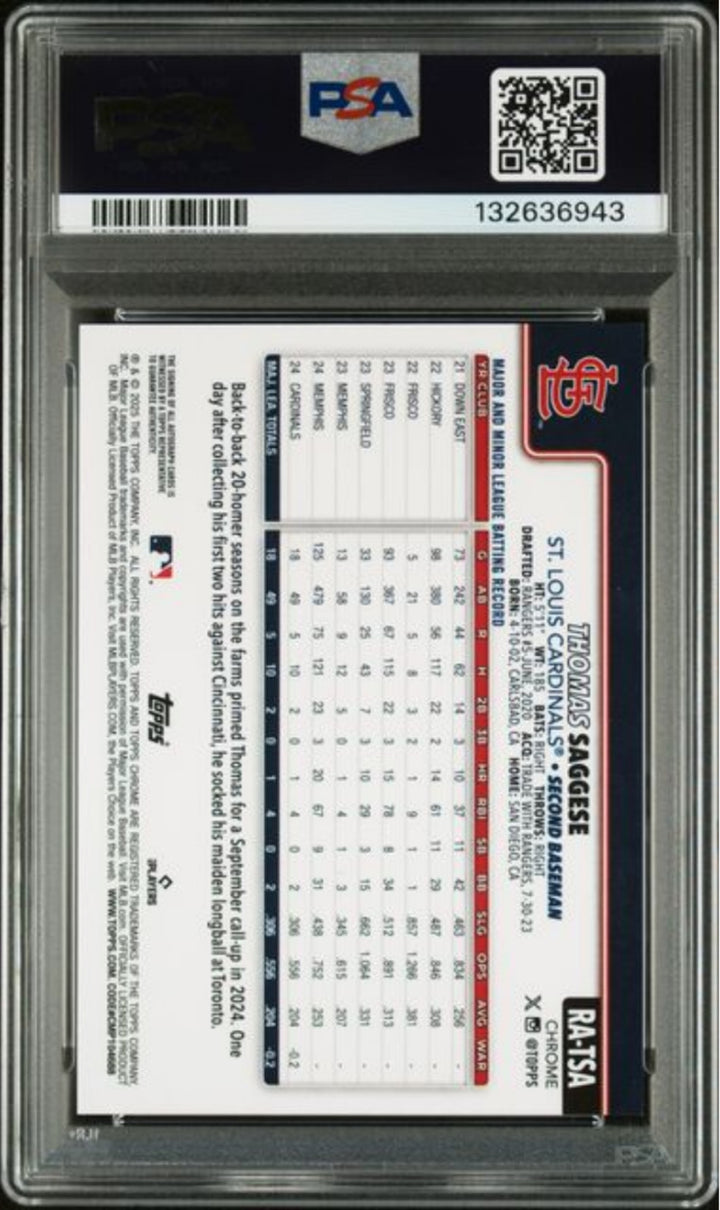 Graded 2025 Topps Sapphire Thomas Saggese #RATSA Auto /199 Baseball Card PSA 10