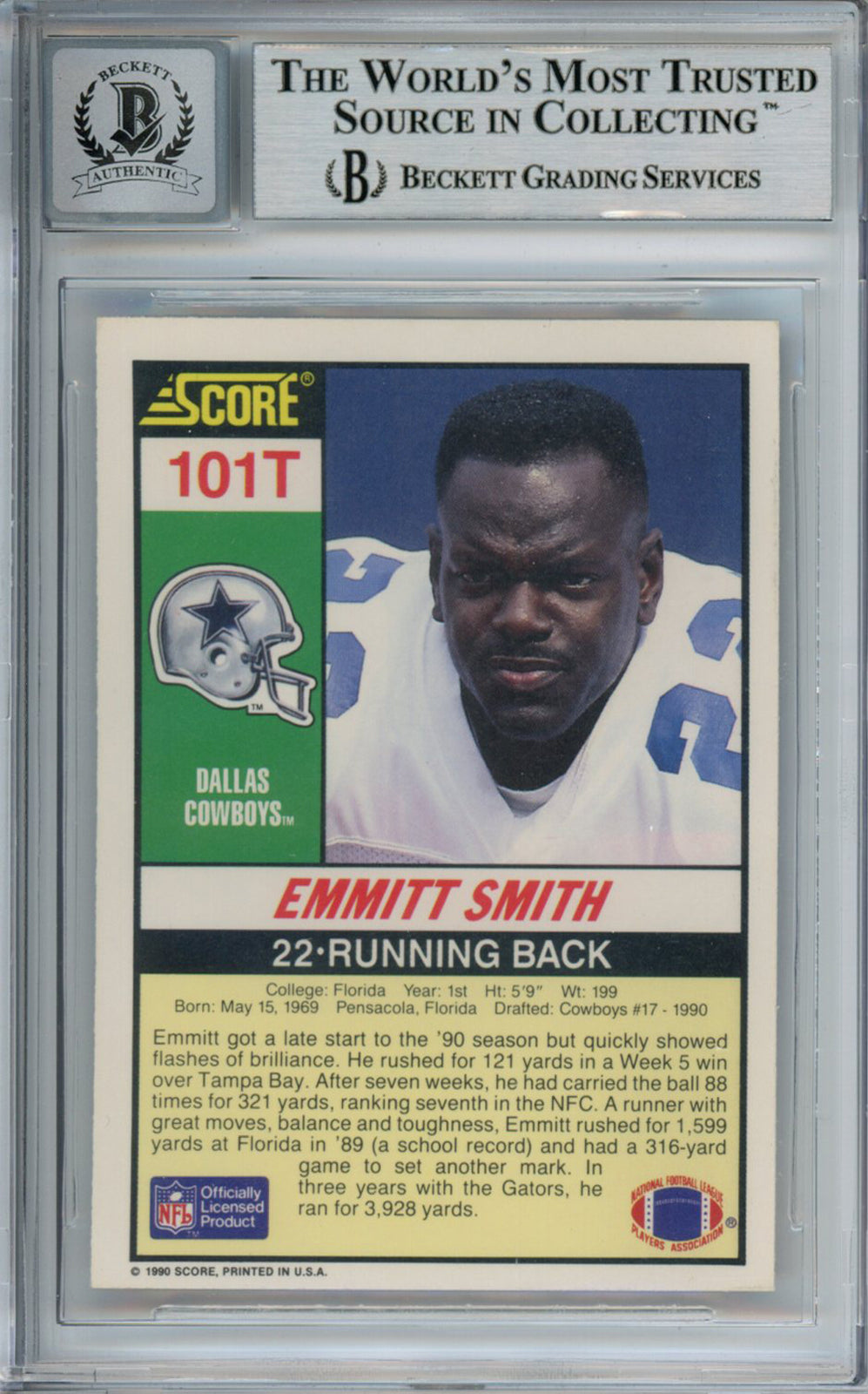 Emmitt Smith Autographed 1990 Score #101T Rookie Card HOF Beckett Slab 37613