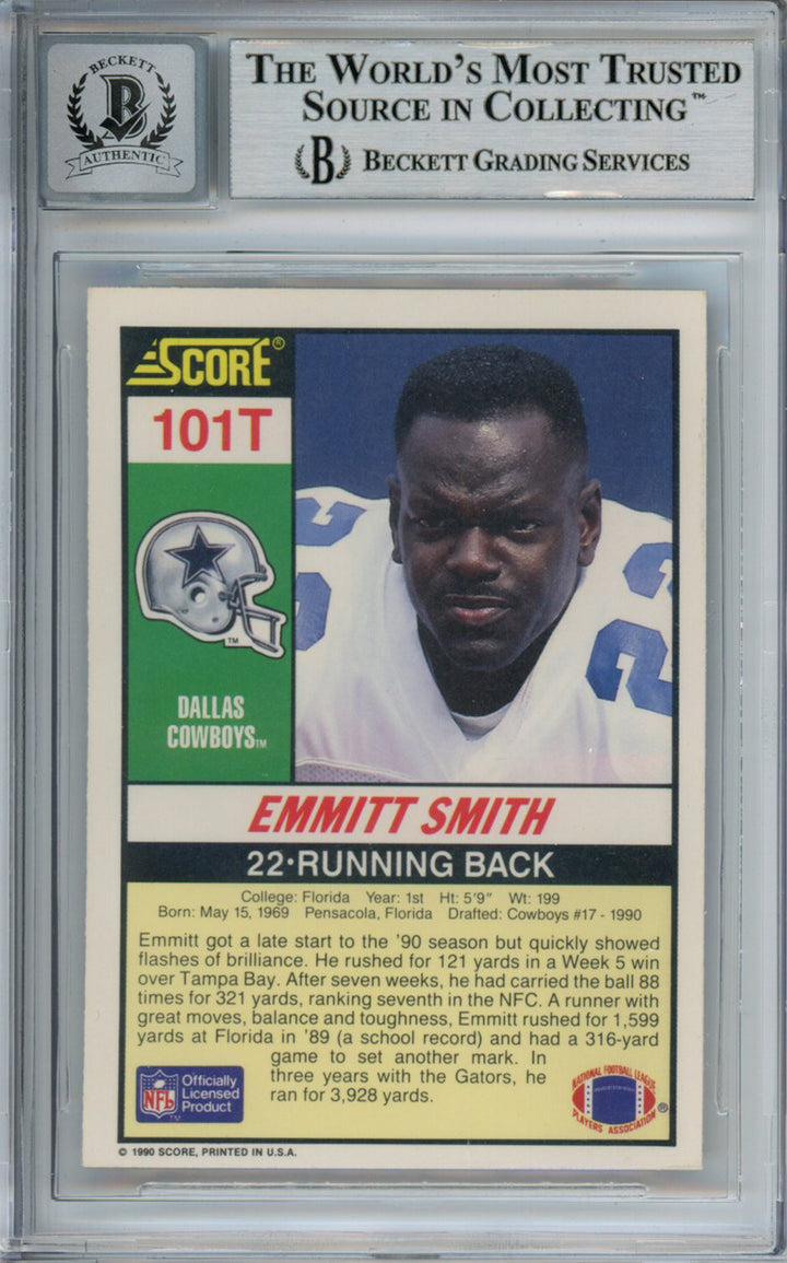 Emmitt Smith Autographed 1990 Score #101T Rookie Card HOF Beckett Slab 37613