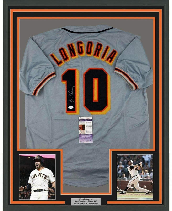 Framed Signed Evan Longoria 35x39 San Francisco Grey Jersey JSA COA