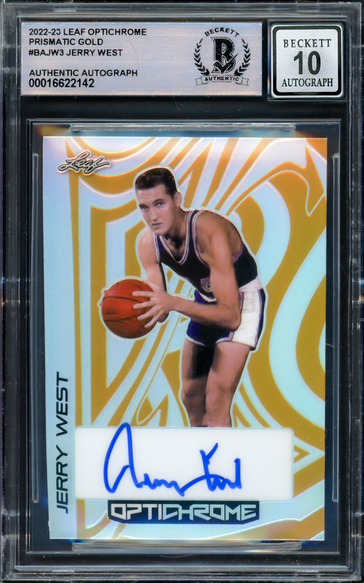 Jerry West Auto 2022-23 Leaf Optichrome Prismatic Gold Card BAJW3 Sig 10 Beckett