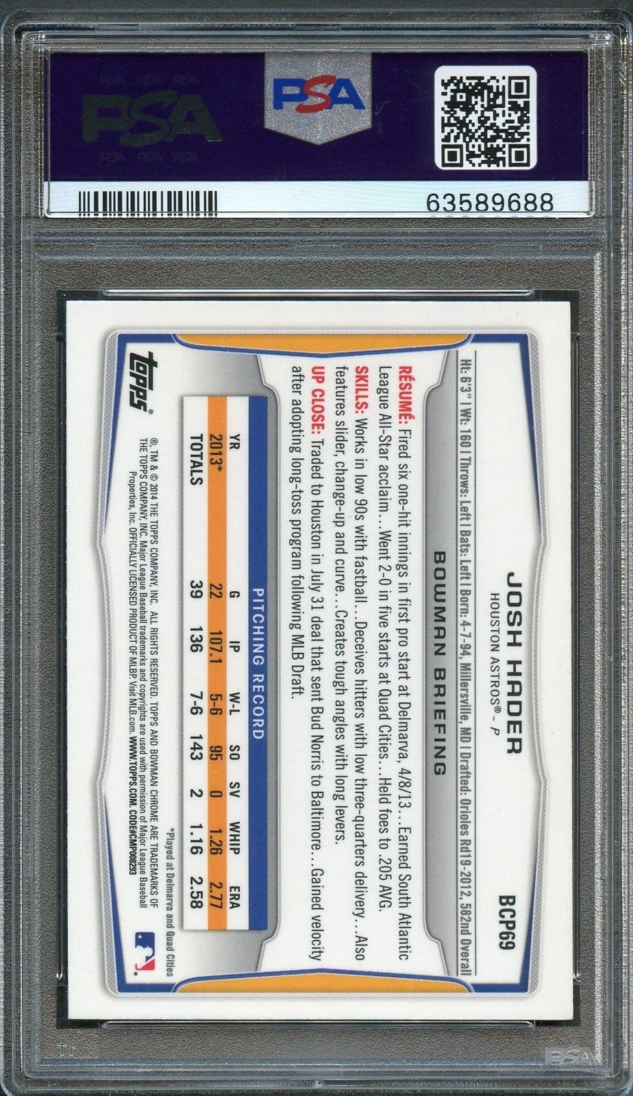 2014 Bowman Chrome #BCP69 Josh Hader Signed Card PSA Slabbed Auto 10