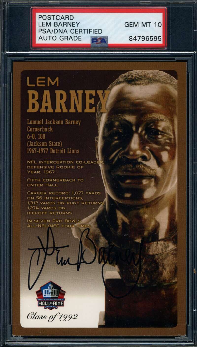 Lem Barney Gem Mint 10 PSA DNA Signed HOF Bronze Bust Postcard Autographed