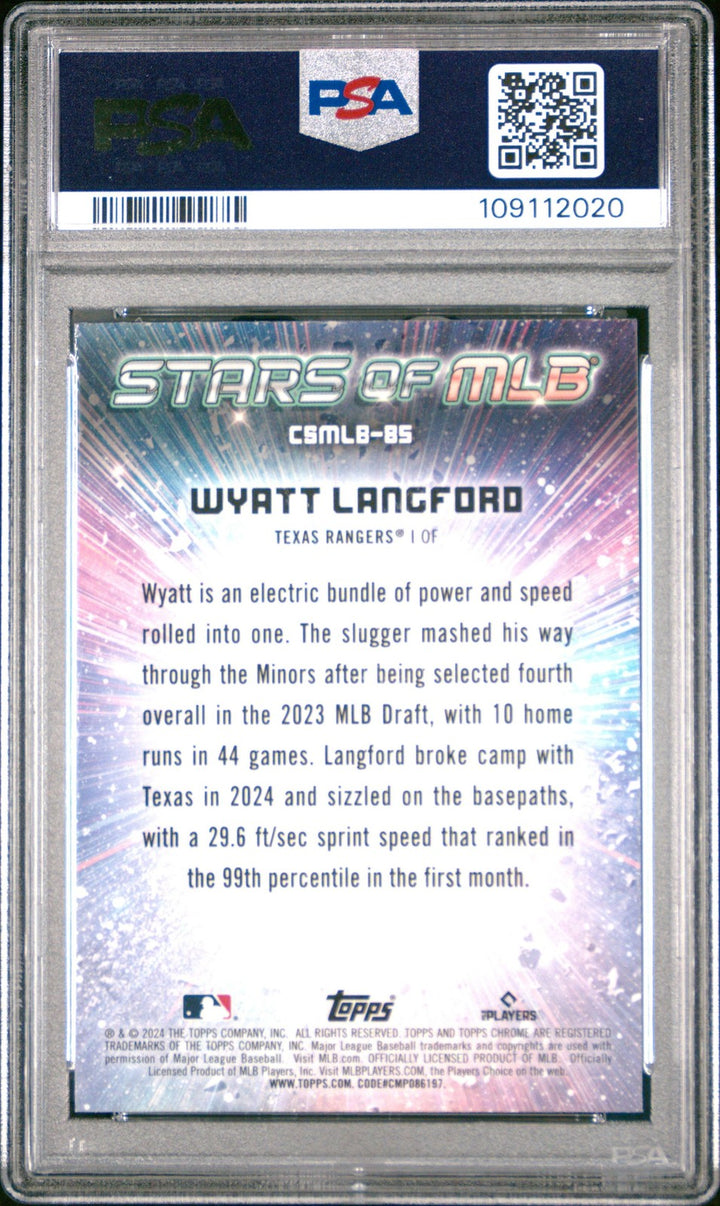 Graded 2024 Topps Wyatt Langford #CSMLB85 Stars MLB Chrome Card PSA 10