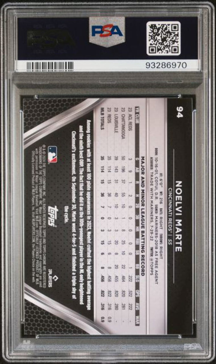 Graded 2024 Topps Chrome Black Noelvi Marte #94 Rookie RC Baseball Card PSA 10