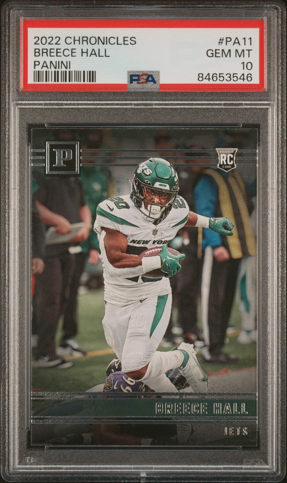 Graded 2022 Panini Chronicles Breece Hall #PA11 Panini RC Football Card PSA 10