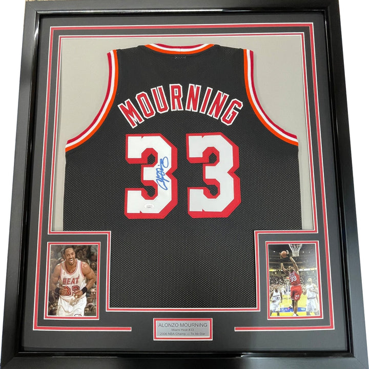 FRAMED Signed ALONZO MOURNING 35x39 Miami Black Jersey JSA COA Auto