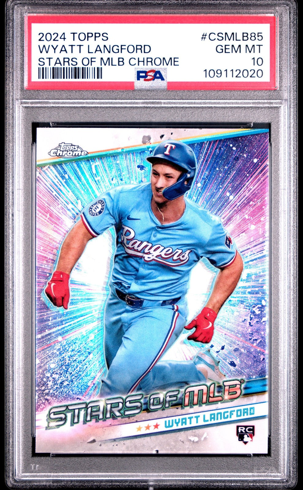 Graded 2024 Topps Wyatt Langford #CSMLB85 Stars MLB Chrome Card PSA 10