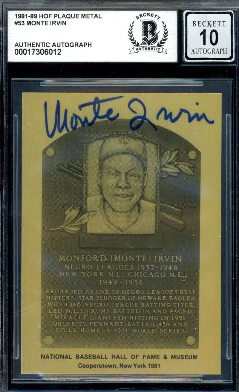 Monte Irvin Gem Mint 10 Beckett BAS Signed 1981 HOF Metallic Hall Of Fame Plaque
