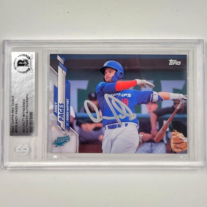 Andy Pages signed 2020 Topps Pro Debut Dodger RC rookie card BAS Beckett witness