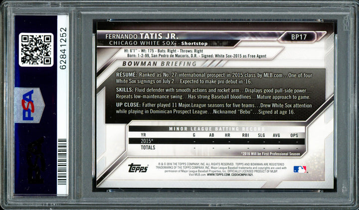 Fernando Tatis Jr. Auto 2016 Bowman Prospects RC BP17 Padres PSA 9 Sig 10 DNA