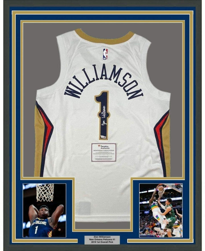 FRAMED Signed ZION WILLIAMSON 35x39 White Nike Jersey Fanatics COA