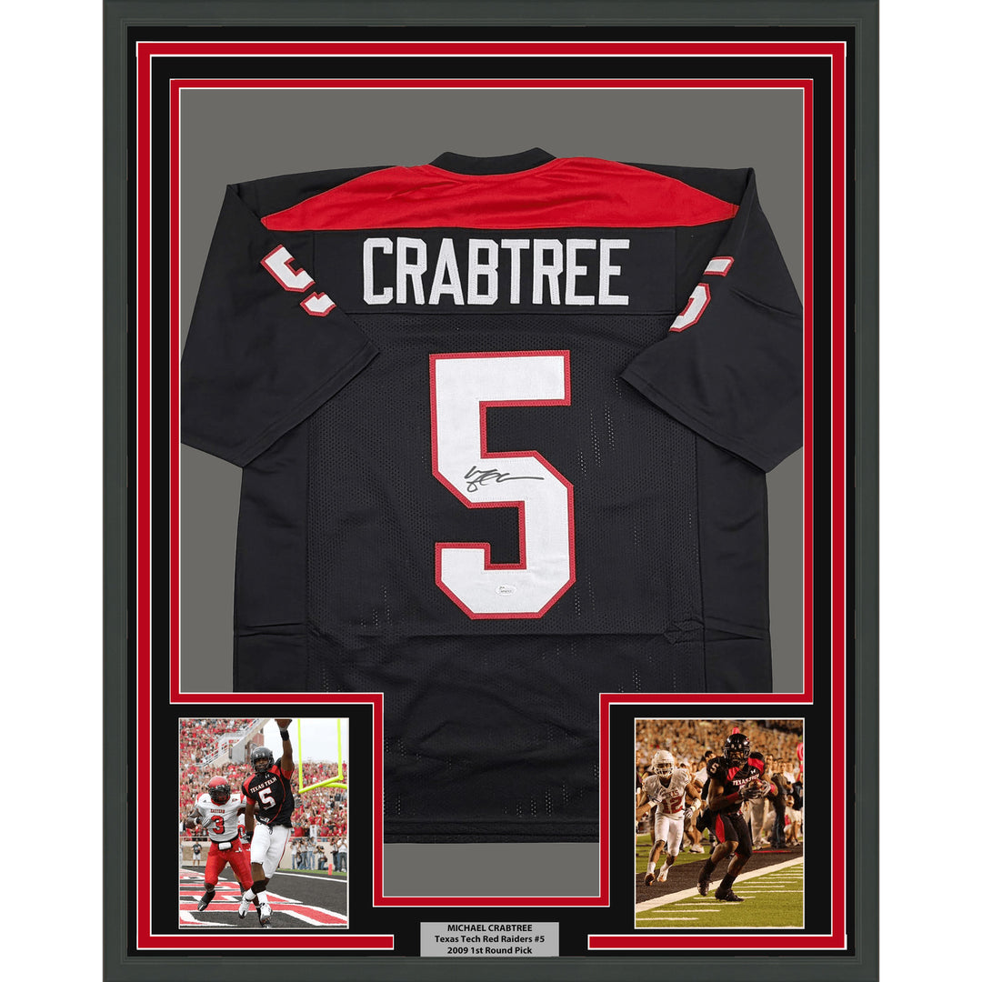 Framed Autographed Michael Crabtree 35x39 TTU Black College Jersey JSA COA