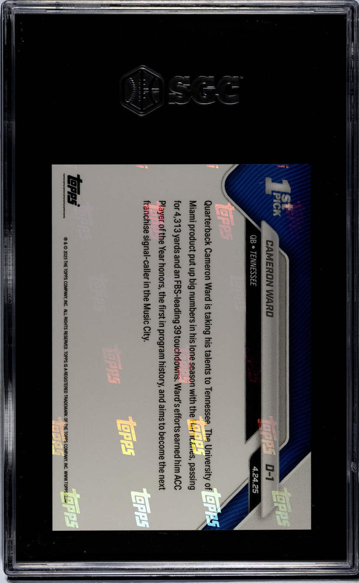 Graded 2025 Topps Now Cam Ward #D1 Rookie RC Football Card SGC 10 Gem Mint