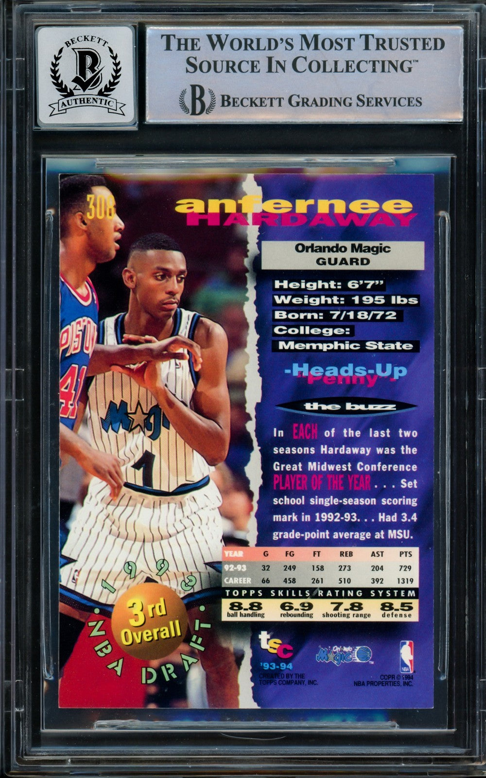 Anfernee Hardaway Signed 1993-94 Stadium Club RC 308 Magic Auto GM 10 Beckett