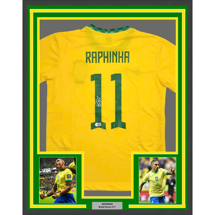 Framed Autographed/Signed Raphinha Raphael Belloli 35x39 Brazil Jersey BAS COA