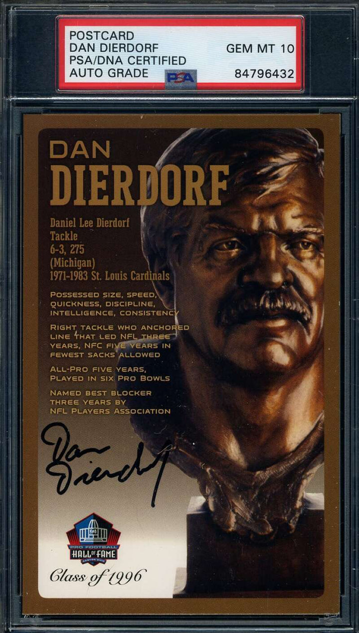 Dan Dierdorf Gem Mint 10 PSA DNA Signed HOF Bronze Bust Postcard Autograph