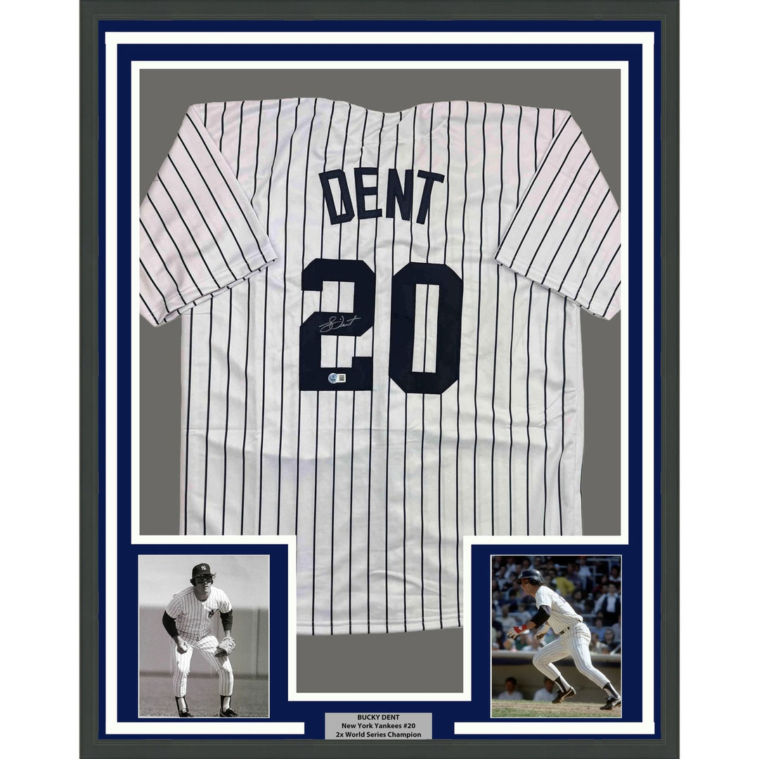 Framed Signed Bucky Dent 35x39 New York Pinstripe Jersey Beckett COA