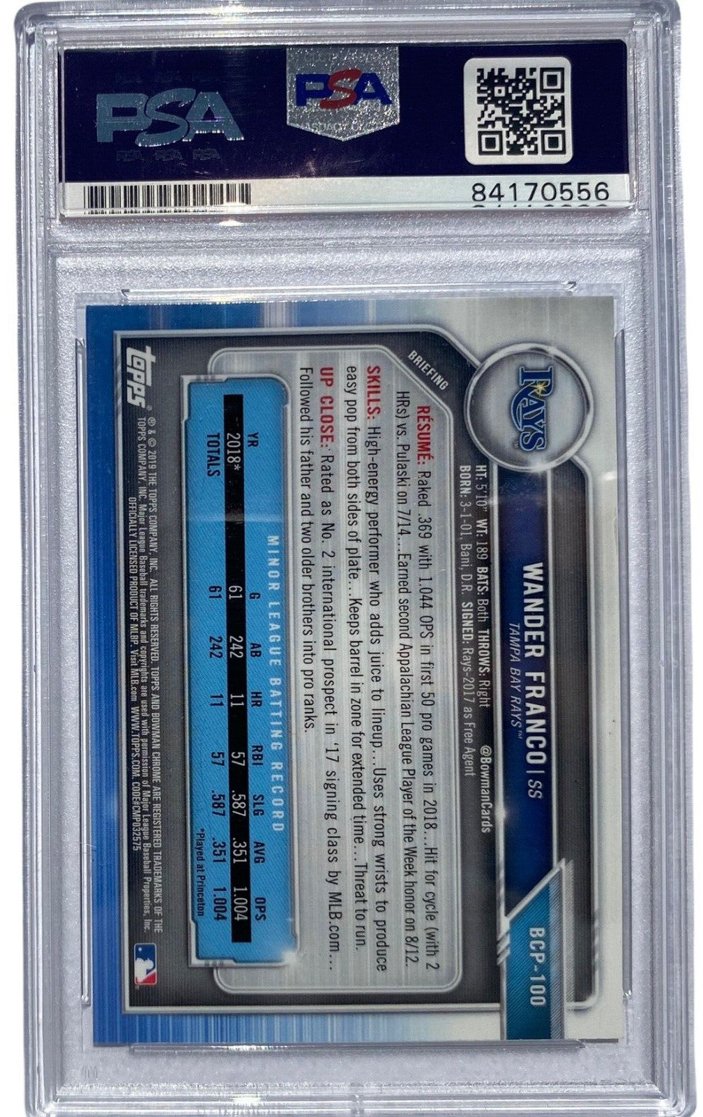 WANDER FRANCO Signed 1st 2019 Bowman Chrome BCP-100 Rookie PSA DNA Auto