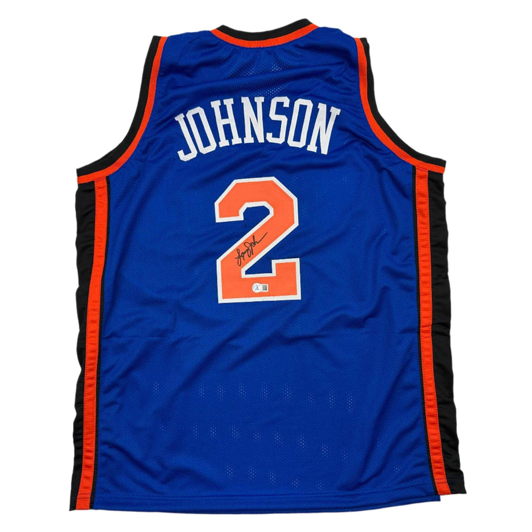 Autographed/Signed LARRY JOHNSON New York Blue Basketball Jersey PSA/DNA COA