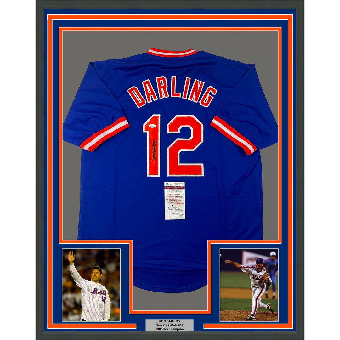 Framed Autographed/Signed Ron Darling 35x39 New York Blue Jersey JSA COA