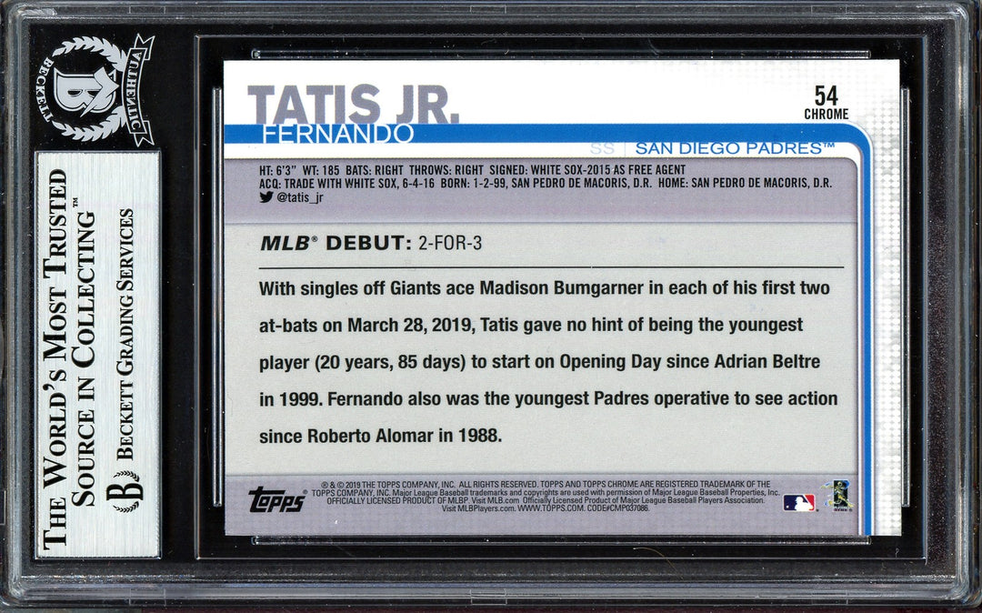 Fernando Tatis Jr. Auto 2019 Topps Chrome Update RC 54 Padres (Bubbling) Beckett