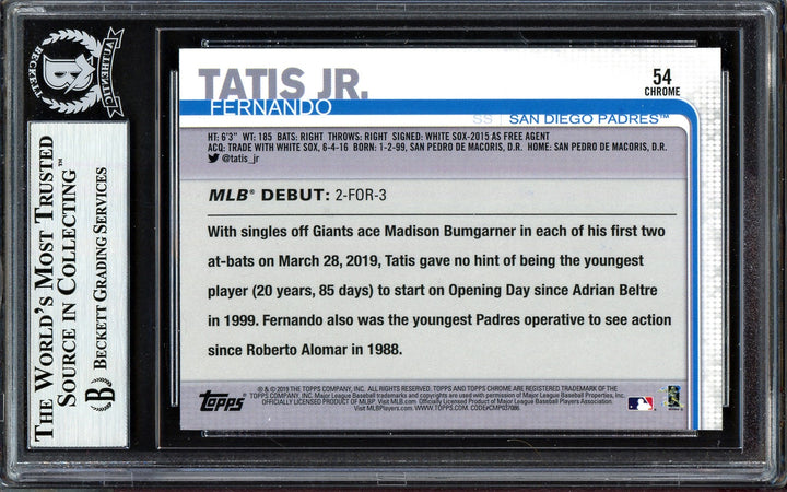 Fernando Tatis Jr. Auto 2019 Topps Chrome Update RC 54 Padres (Bubbling) Beckett