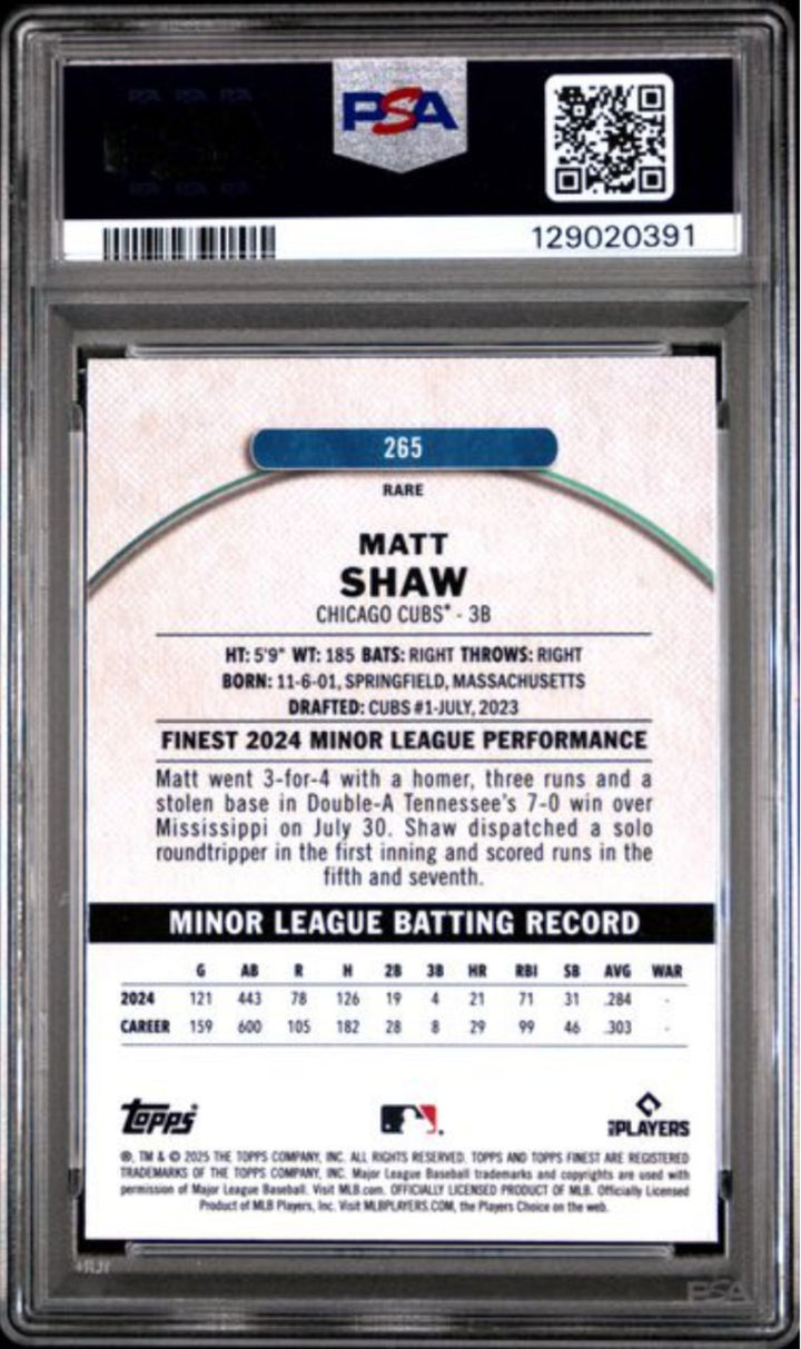 Graded 2025 Topps Finest Matt Shaw #265 Sky Blue /150 RC Baseball Card PSA 10