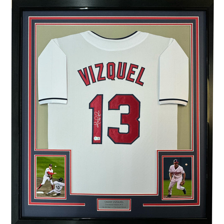 FRAMED Autographed/Signed OMAR VIZQUEL 33x42 Cleveland White Jersey PSA/DNA COA