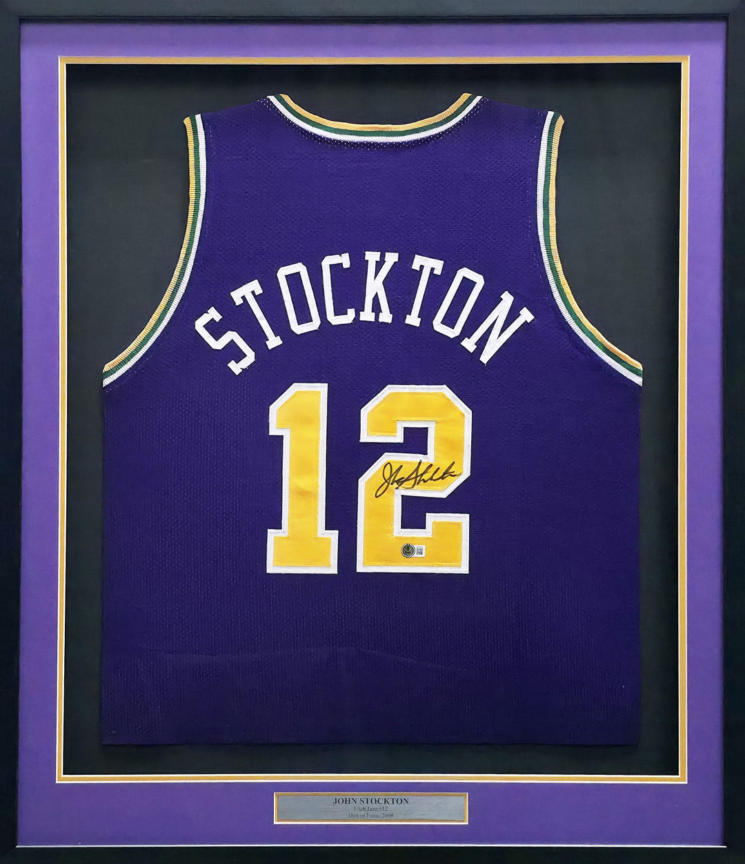Utah Jazz John Stockton Signed Framed Purple Jersey Beckett Witness