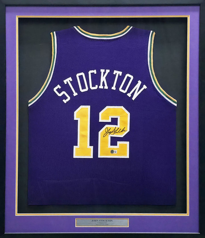 Utah Jazz John Stockton Signed Framed Purple Jersey Beckett Witness