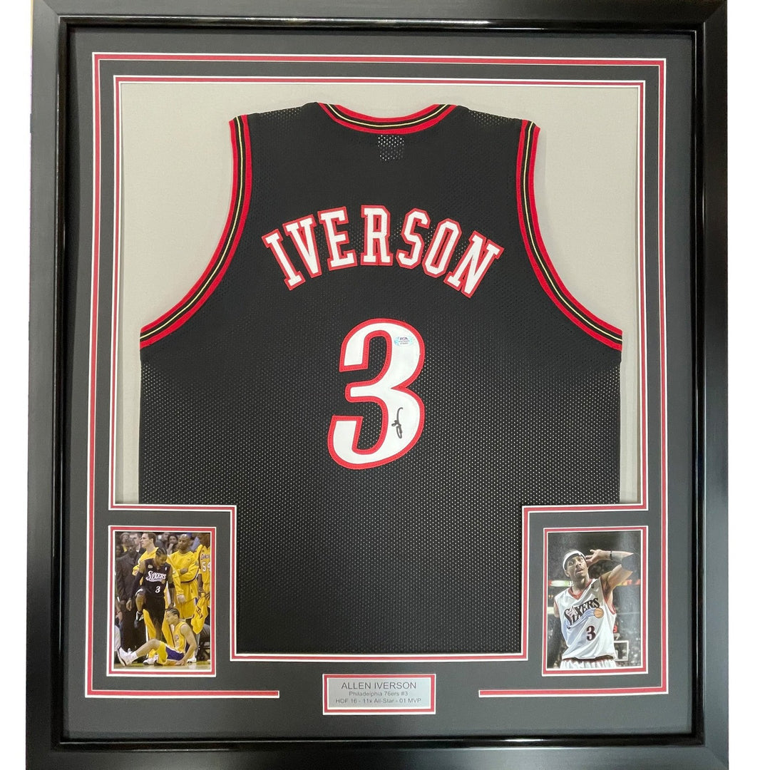 FRAMED Signed ALLEN IVERSON 35x39 Philadelphia Black Jersey JSA COA