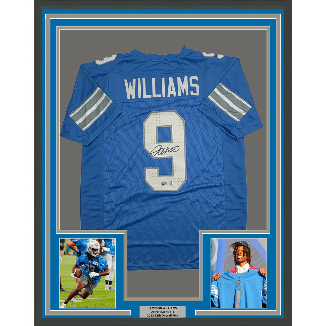 Framed Autographed Jameson Williams 35x39 Detroit Blue Football Jersey BAS COA
