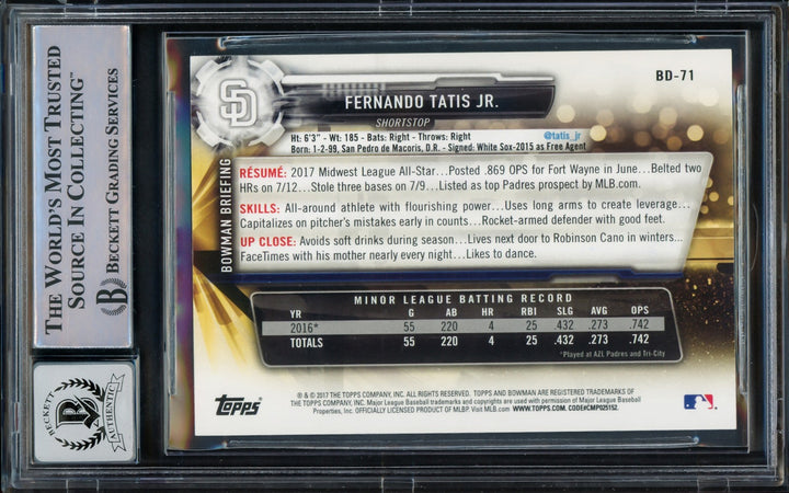 Fernando Tatis Jr. Signed 2017 Bowman Draft Card BD71 Padres Auto GM 10 Beckett