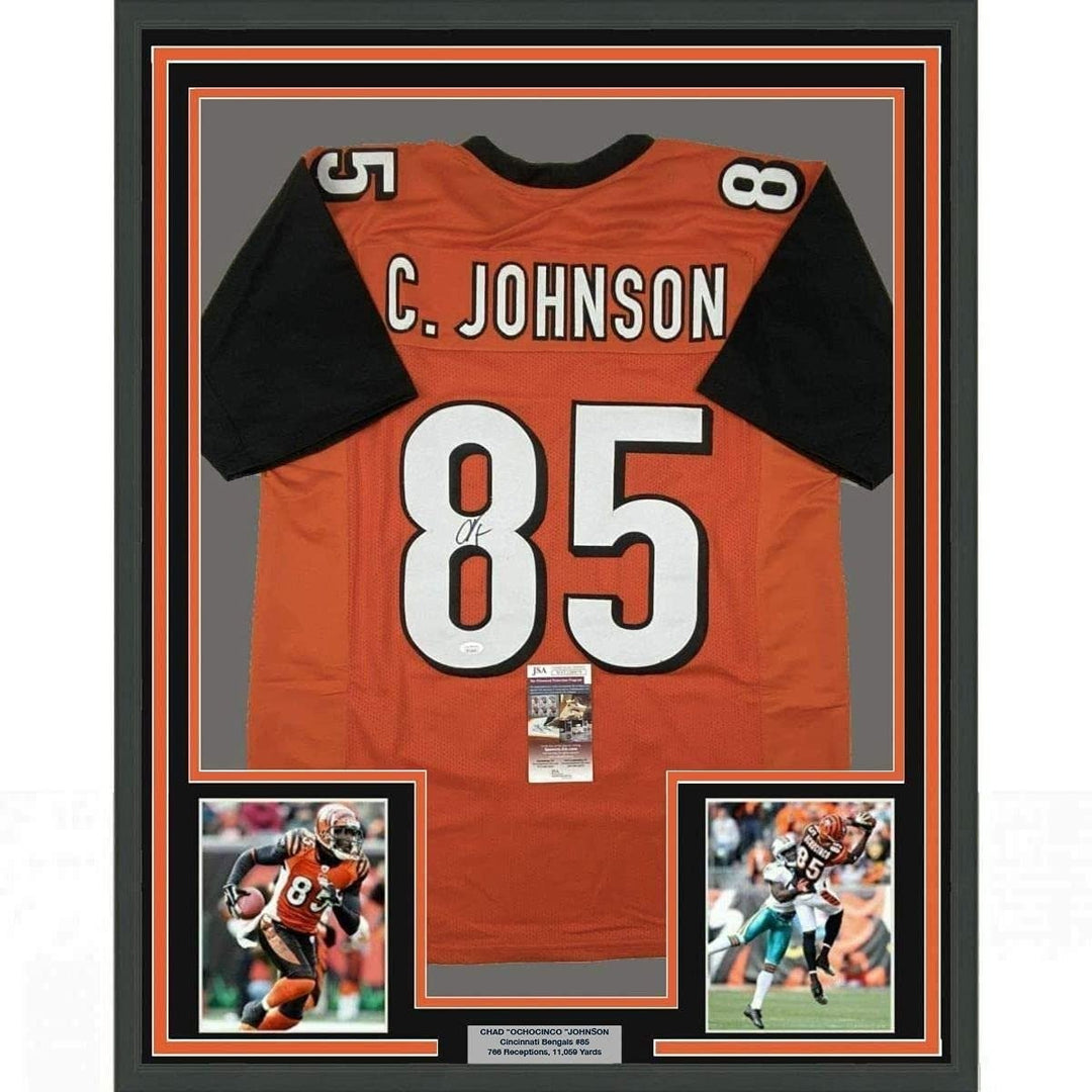 FRAMED Signed CHAD JOHNSON 35x39 Cincinnati Orange Jersey JSA COA