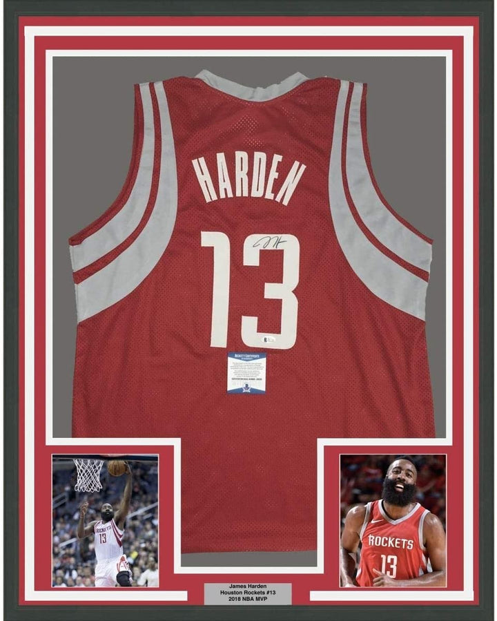 Framed Autographed/Signed James Harden 35x39 Houston Red Jersey Beckett COA