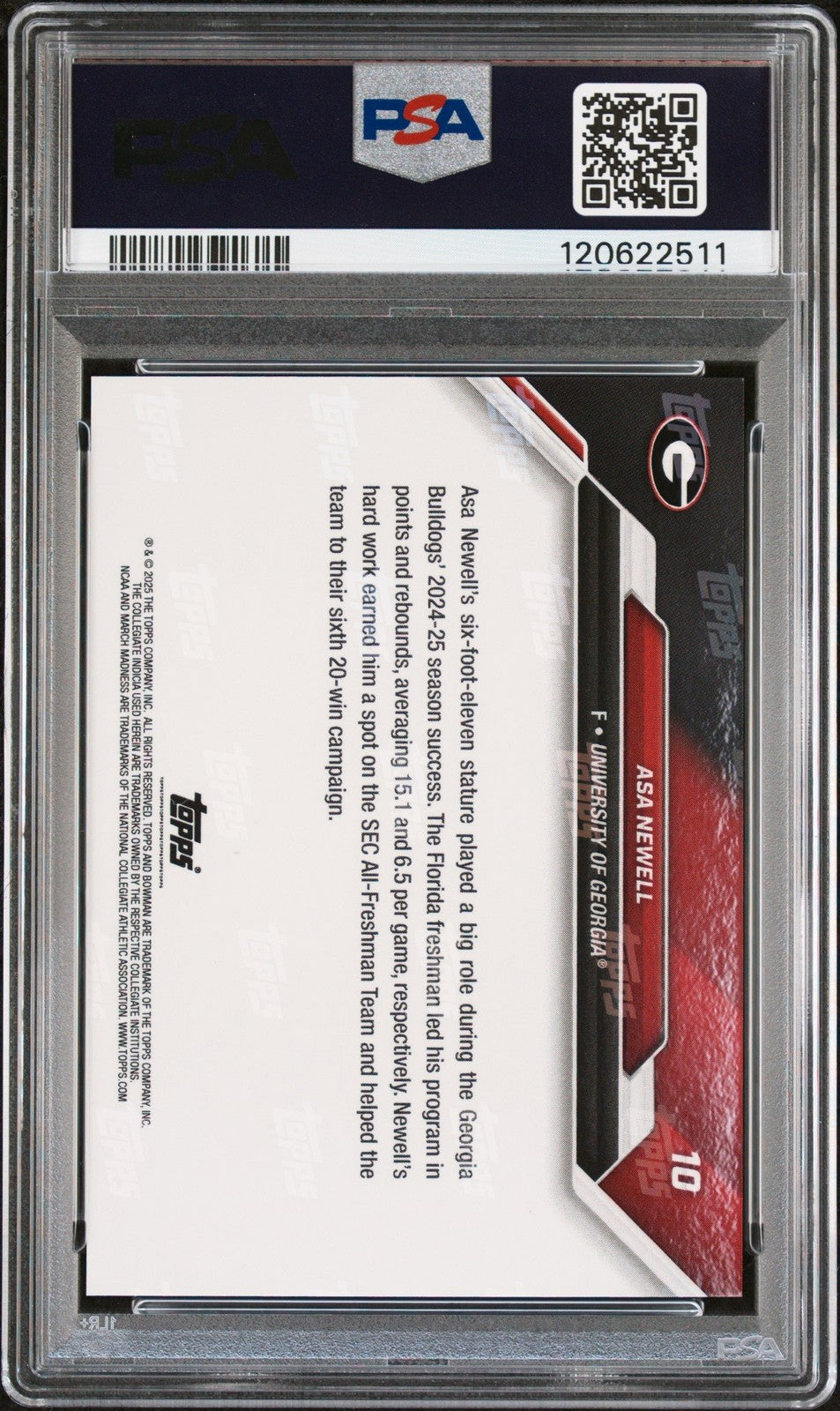 Graded 2025 Bowman U Now Asa Newell #10 March Madness RC Card PSA 10