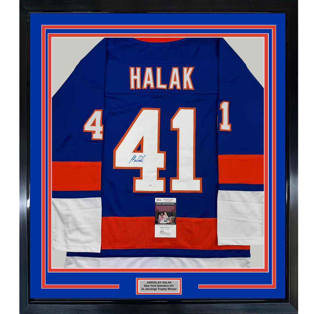 Framed Autographed/Signed Jaroslav Halak 35x39 New York Blue Jersey JSA COA