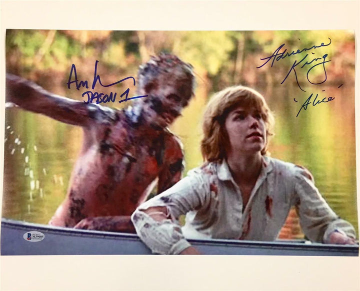 ADRIENNE KING + ARI LEHMAN Friday the 13th JASON 1 signed 11x17 photo ~ BAS COA