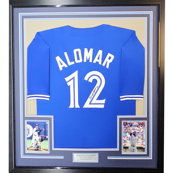 Framed Autographed/Signed Roberto Alomar 33x42 Toronto Blue Jersey JSA COA