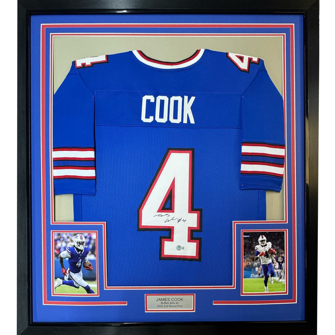 Framed Autographed/Signed James Cook 33x42 Buffalo Blue Jersey BAS COA
