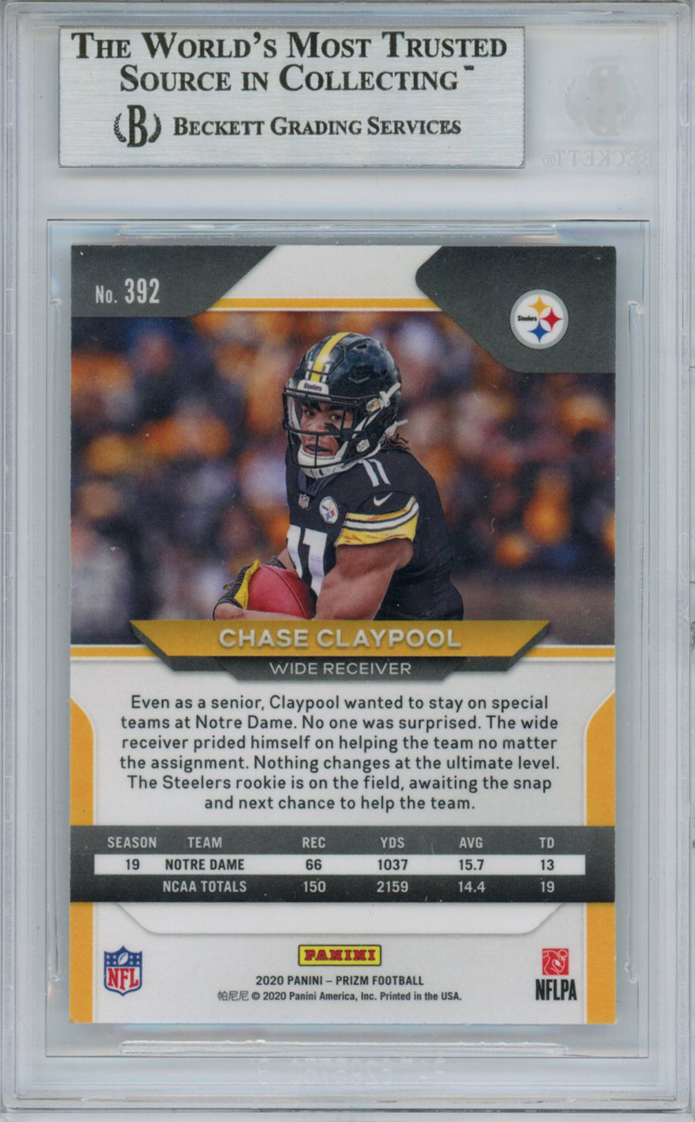 Chase Claypool Autographed 2021 Panini Prizm #392 Trading Card BAS Slab 32379