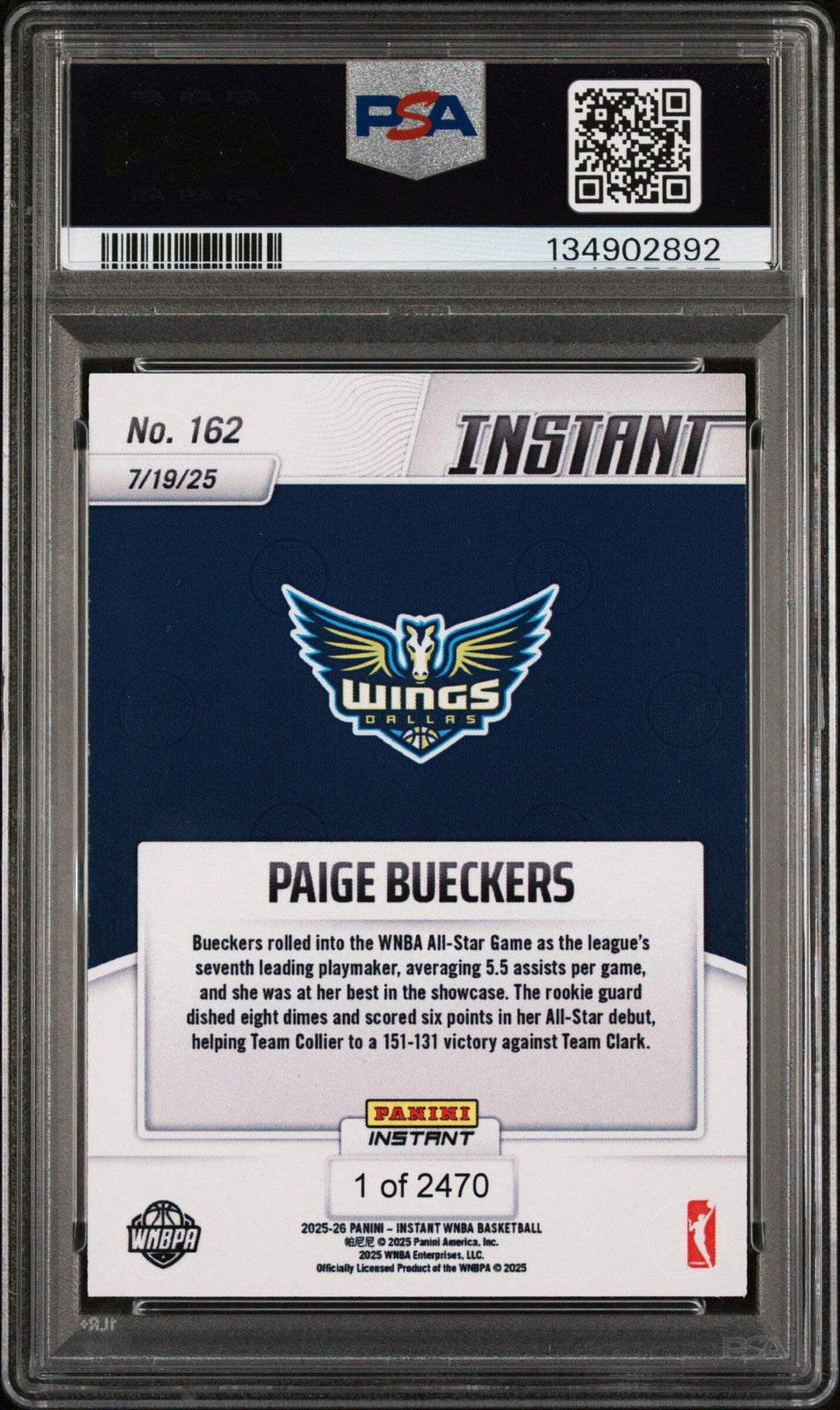 Graded 2025 Panini Instant Paige Bueckers #162 Rookie RC Basketball Card PSA 10