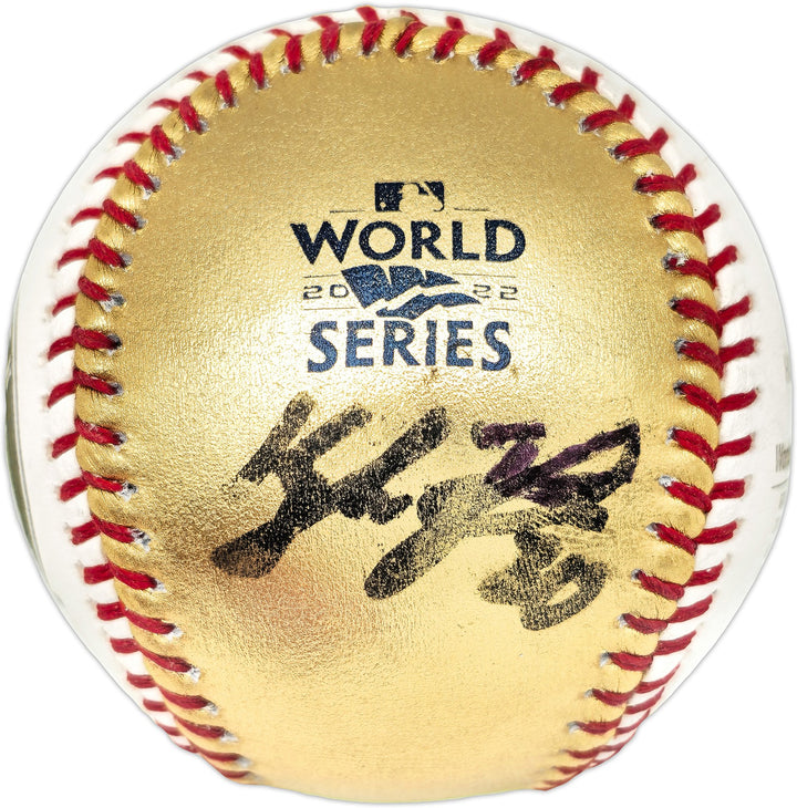 Kyle Tucker Signed 2022 WS Gold MLB Baseball Astros (Smudged) Beckett Wit